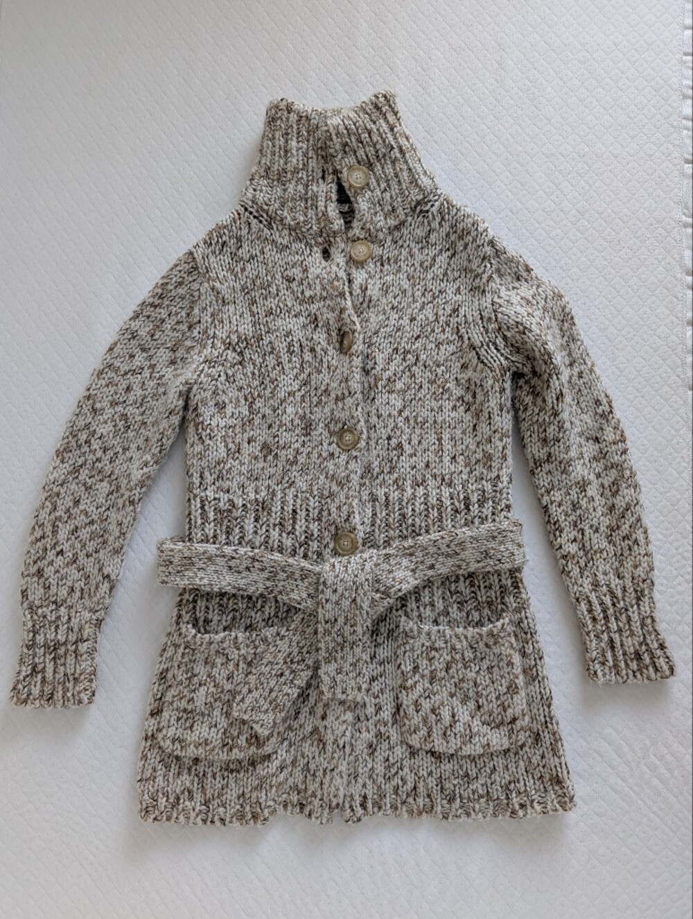 GAP Y2K Chunky Wool Knit Cream Brown White Marled Belted Cardigan, size S